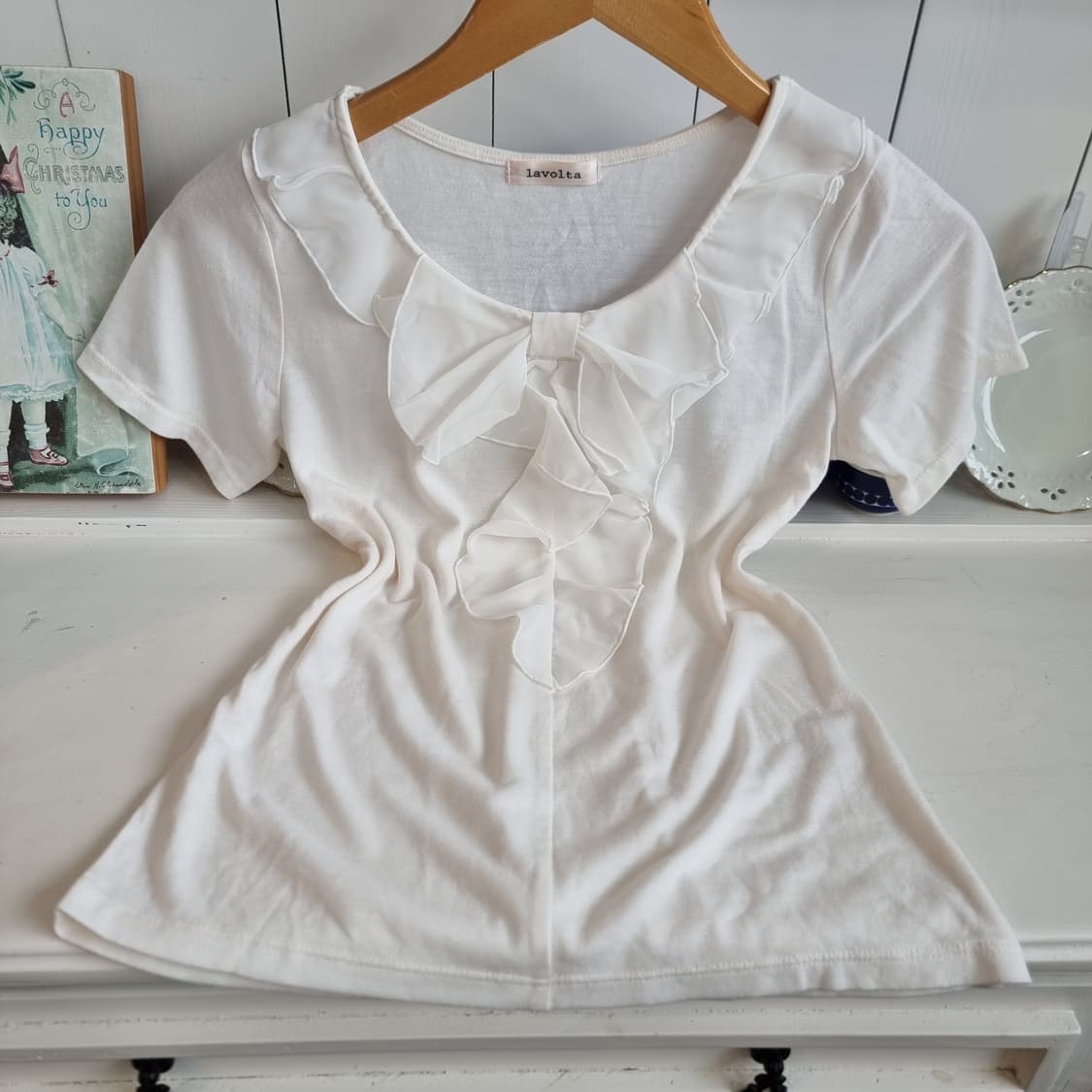 아이보리 쉬폰 러플 리본 반팔 티 상품이미지1