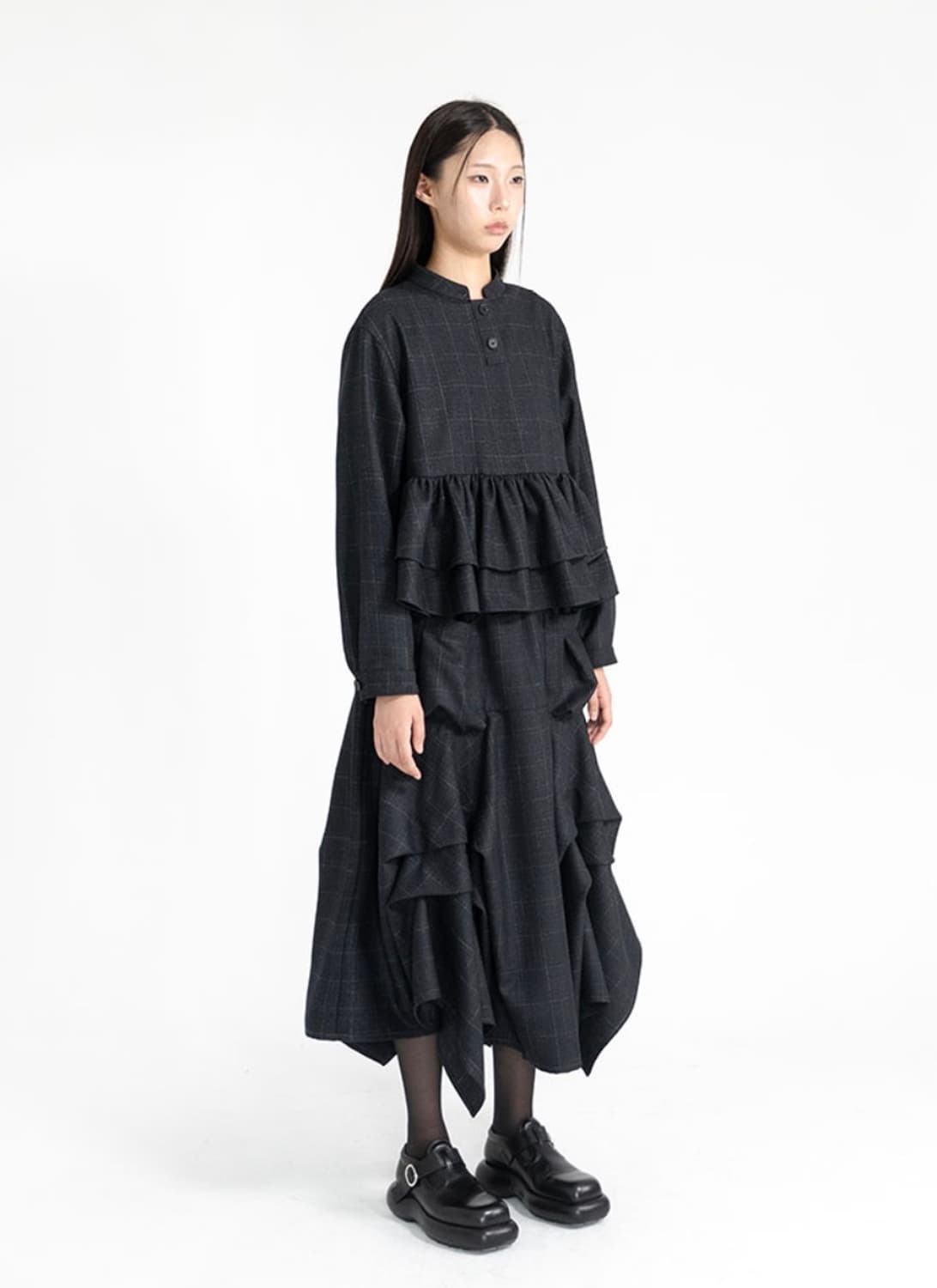 유노이아 체크 버튼 블라우스 + 체트 포켓 스커트 셋업 상품이미지2