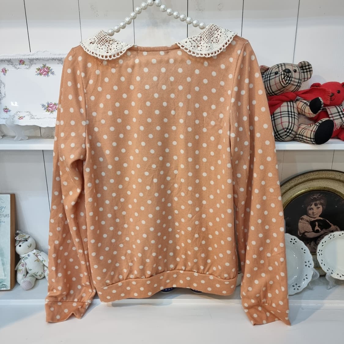 도트 레이스 카라 진주버튼 가디건티 상품이미지4