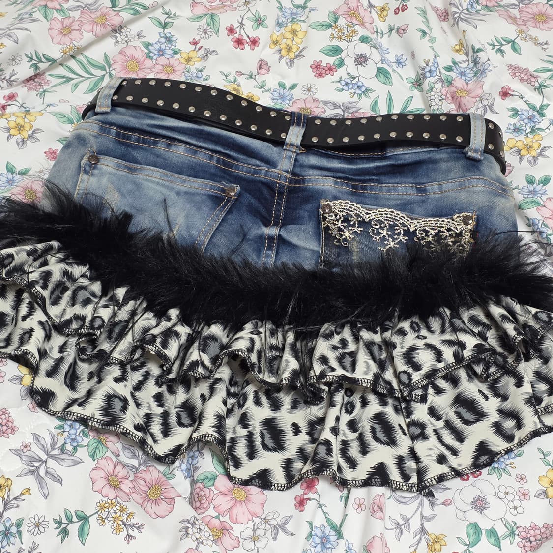 빈티지) y2k 지뢰계 호피 블랙 오네갸루st 나비 퍼 캉캉 데님스커트 상품이미지3