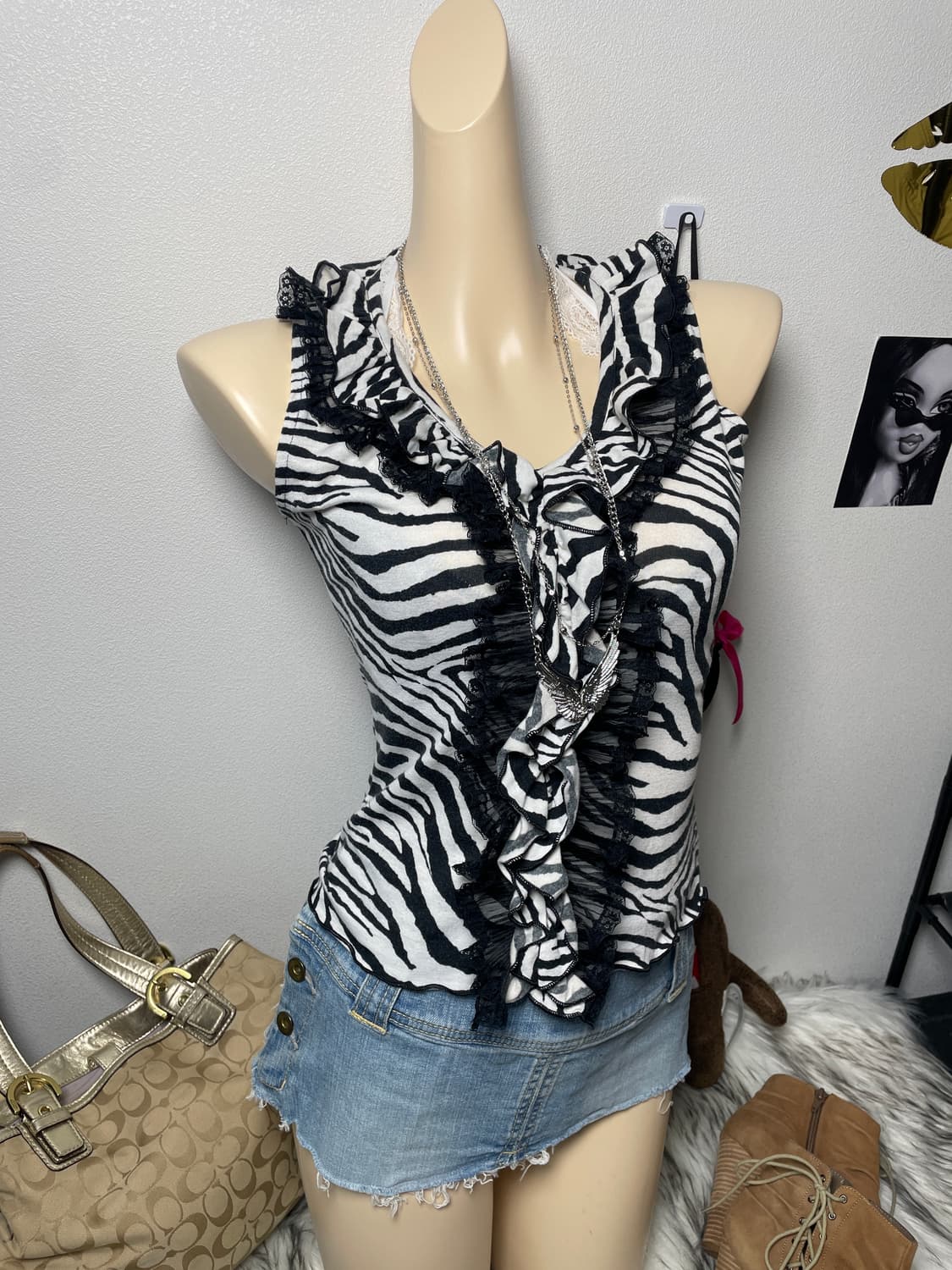 빈티지 갸루 Zebra 지브라 레이스 나시탑 상품이미지1