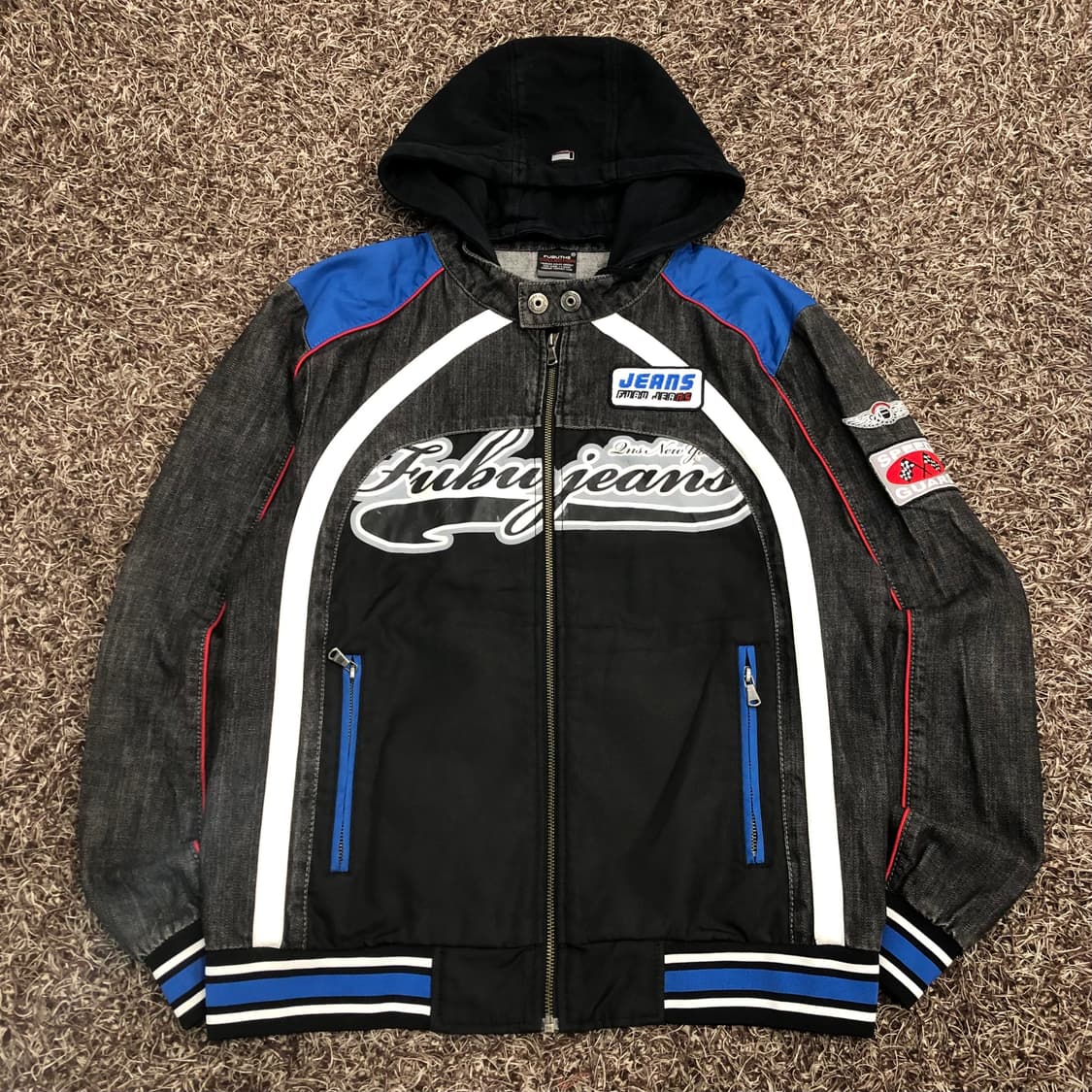 후부 데님 후디드 레이싱 바이커 자켓 상품이미지1