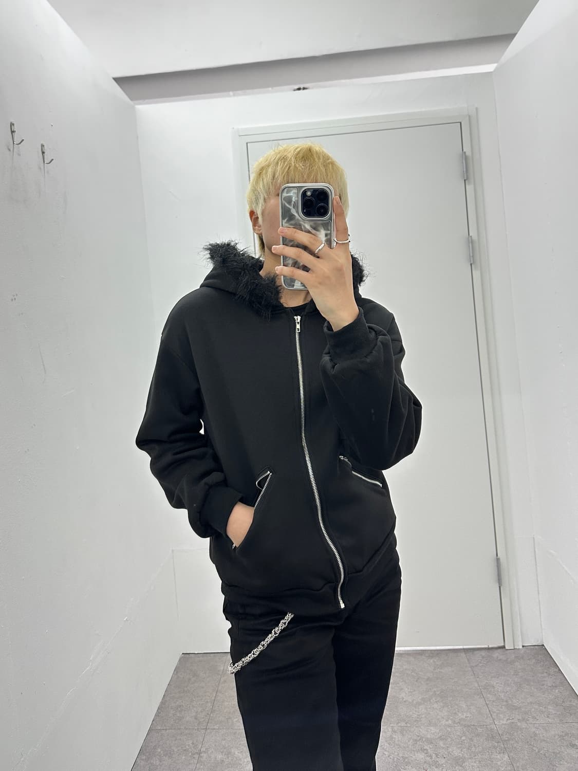 Shein black fur hood zip up 상품이미지2