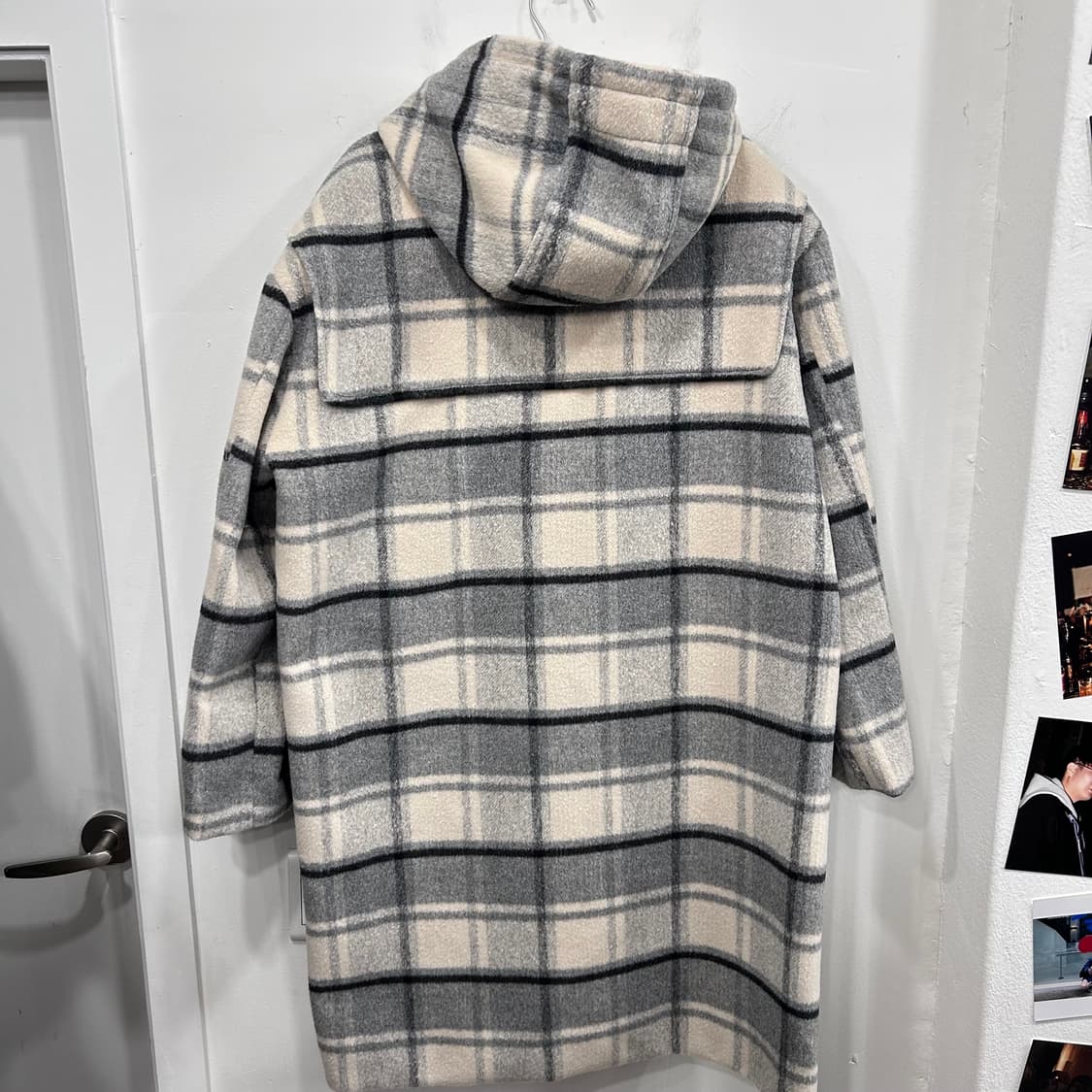 핸드메이드 투톤 체크 울 후드 롱 더플코트 상품이미지5