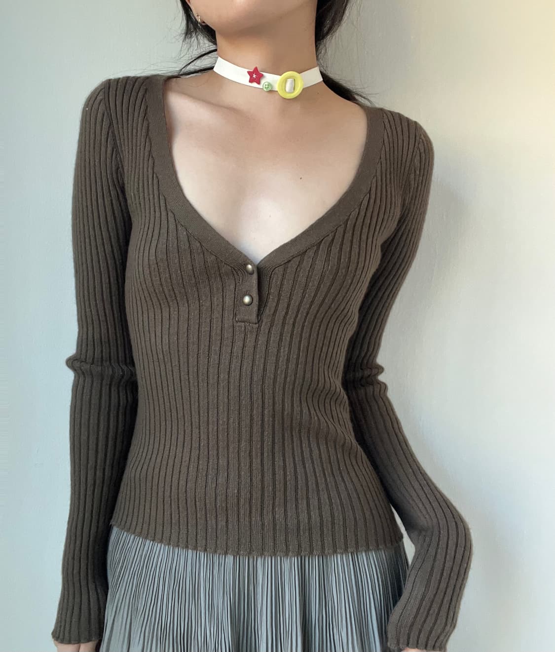 Khaki brown v-neck knit 상품이미지5