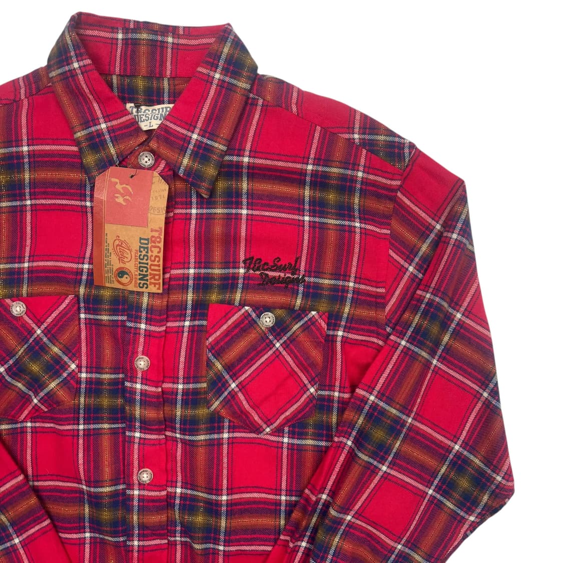 T&C Surf 디자인 하와이 레드 체크 플란넬 셔츠 L 상품이미지2