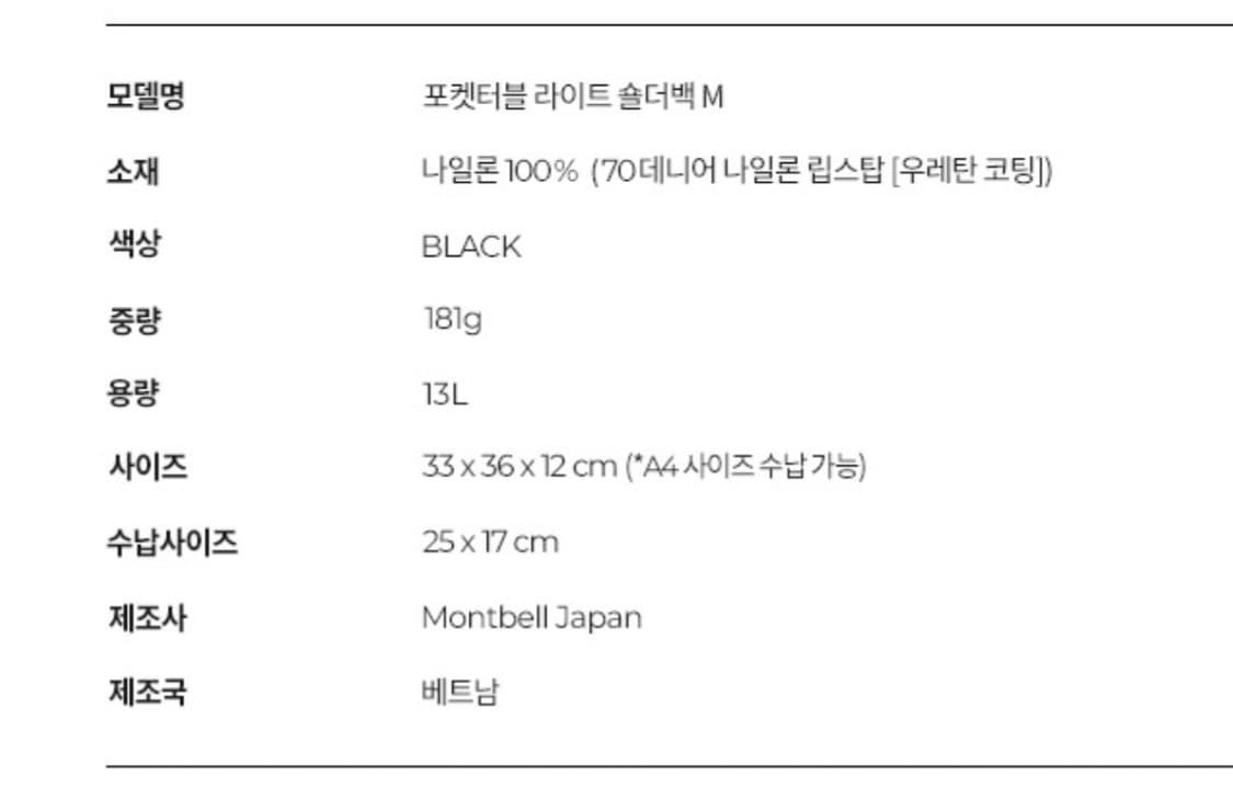 몽벨 포켓터블 라이트 숄더백 M BLACK 상품이미지4