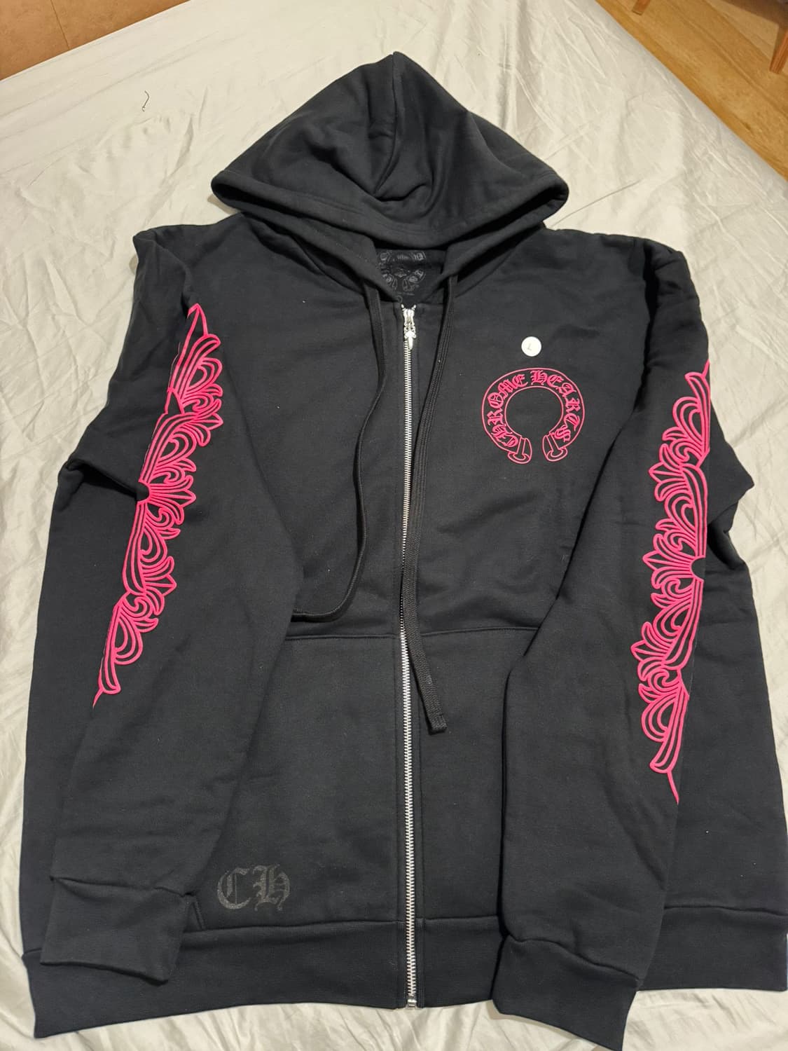 [L] 크롬하츠 홀스슈 플로랄 집업 후드 블랙 핑크 상품이미지2