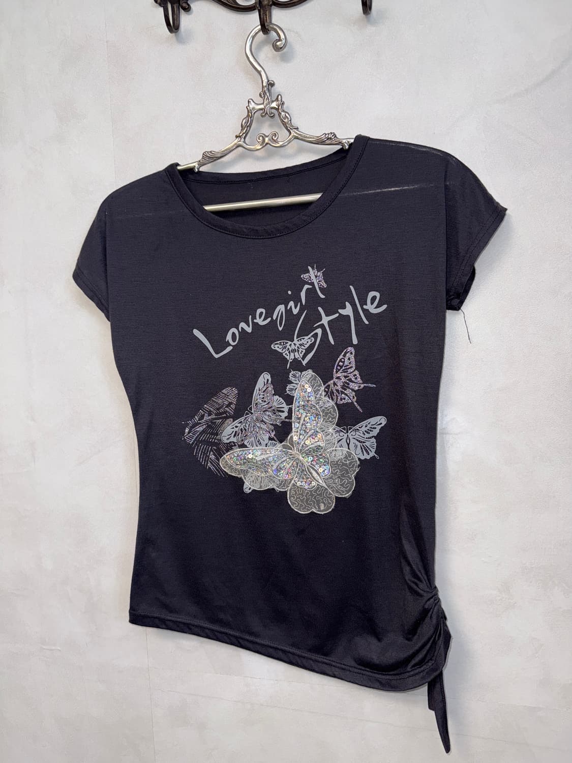 Charcoal spangled butterfly shirring 반팔티 상품이미지5