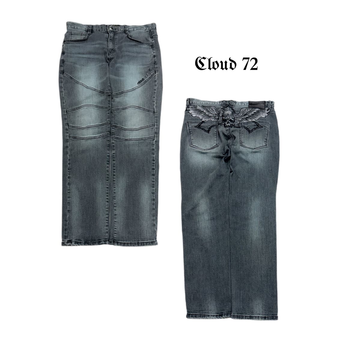 클라우드 72 스컬 해골 자수 새깅 락 펑크 바이커 데님팬츠 상품이미지1