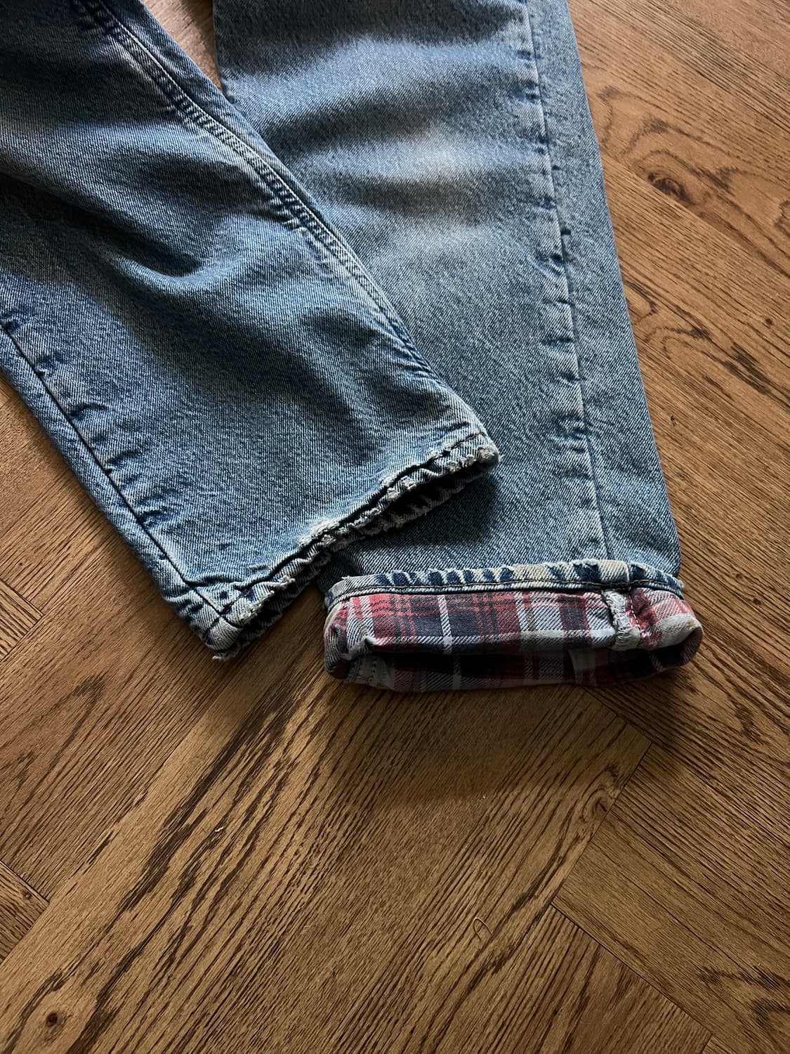 [32]90's 칼하트 유니온메이드 USA 체크 라이닝 워크 데님 팬츠 상품이미지3