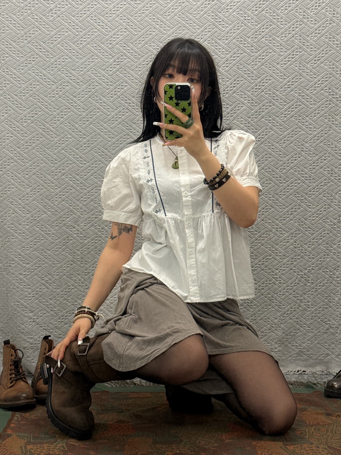 빈티지 러블리 모리 코지 에스닉 자수패턴 퍼프 블라우스 k0136 상품이미지1