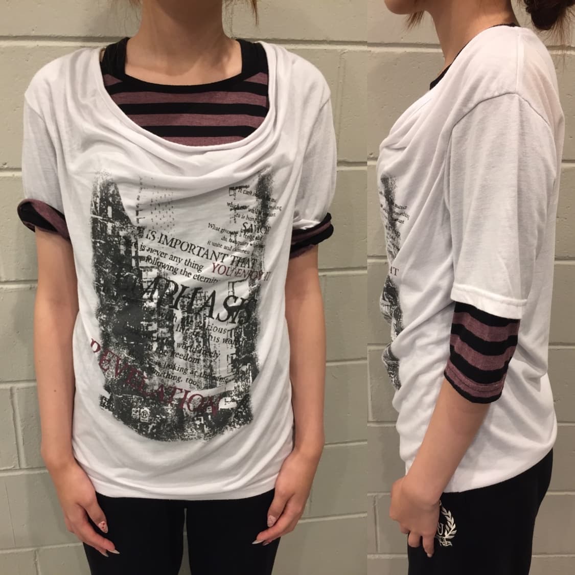 Layered Stripe Sleeve Graphic T-Shirt 상품이미지1