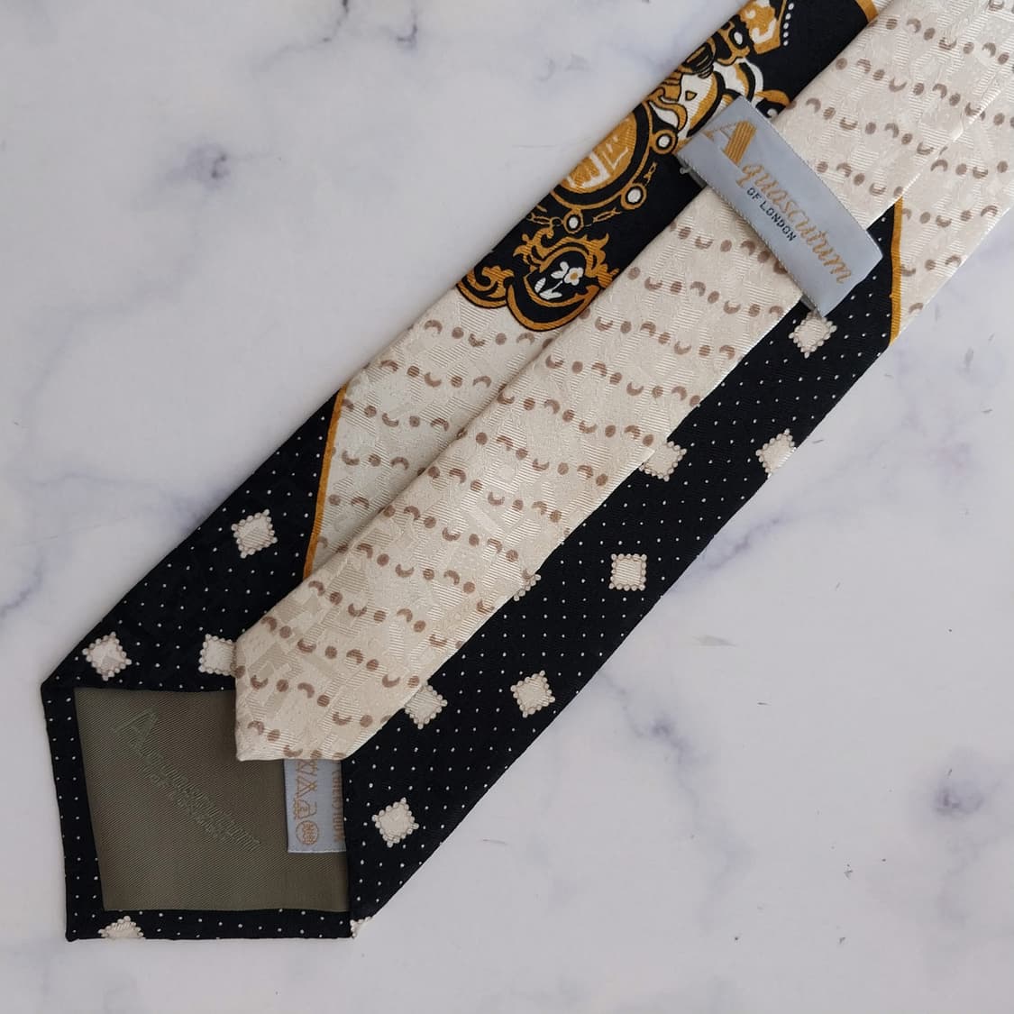 아쿠아스큐텀 아이보리 & 블랙 패턴 넥타이 9.5cm A+등급 K2587 상품이미지9