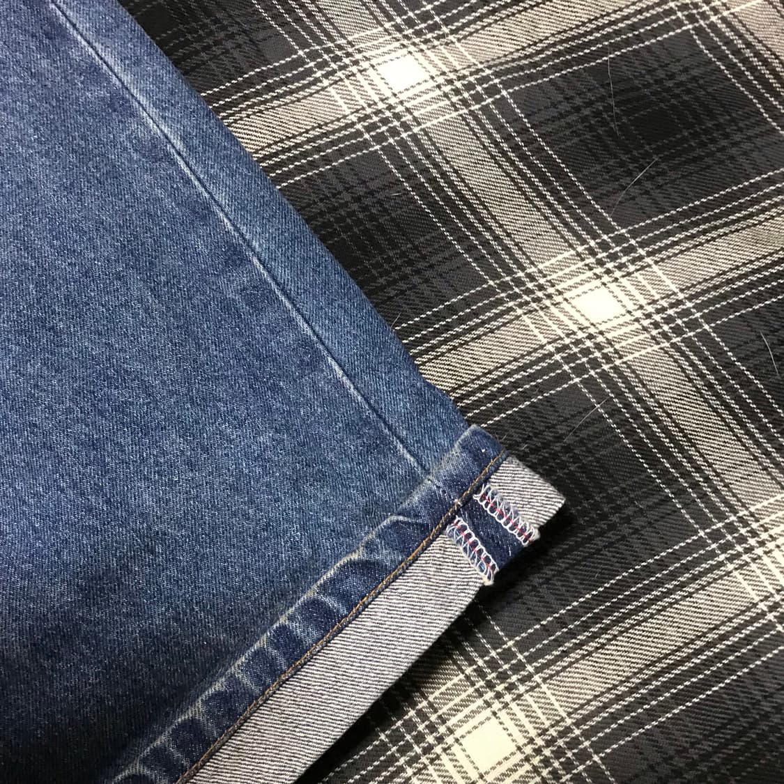 90s 재팬 슈퍼 와이드 더블니 워싱 디스트레드 중청 셀비지 데님 상품이미지4