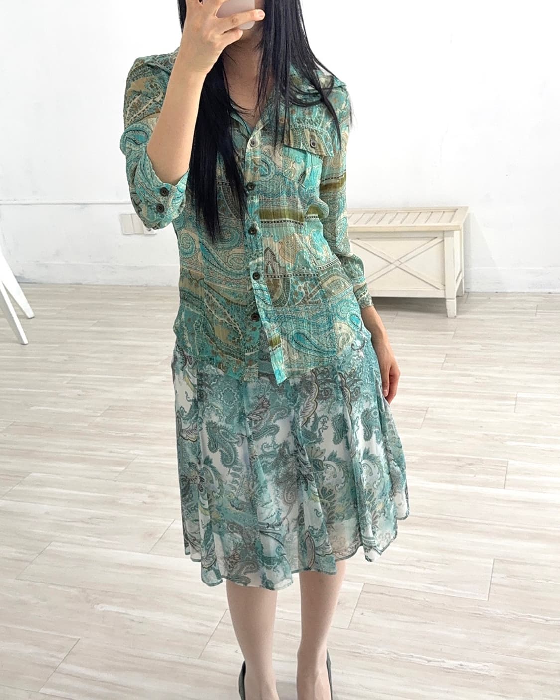 Mint Paisley Pleated Shirt 상품이미지4