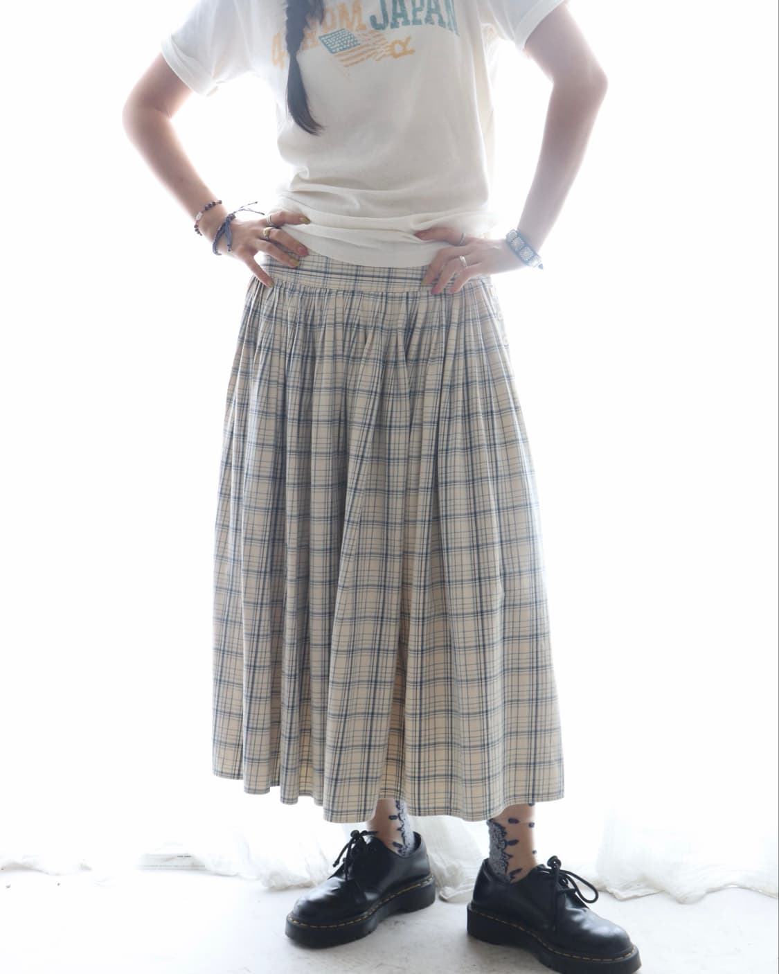 [45rpm] Blue Check Gather Flare Skirt 상품이미지1