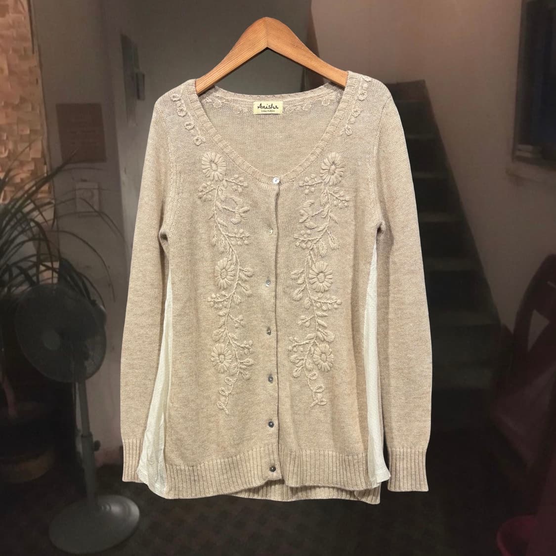 일본 빈티지 오트밀 플라워 자수 배색 울혼방 모리 가디건 상품이미지1