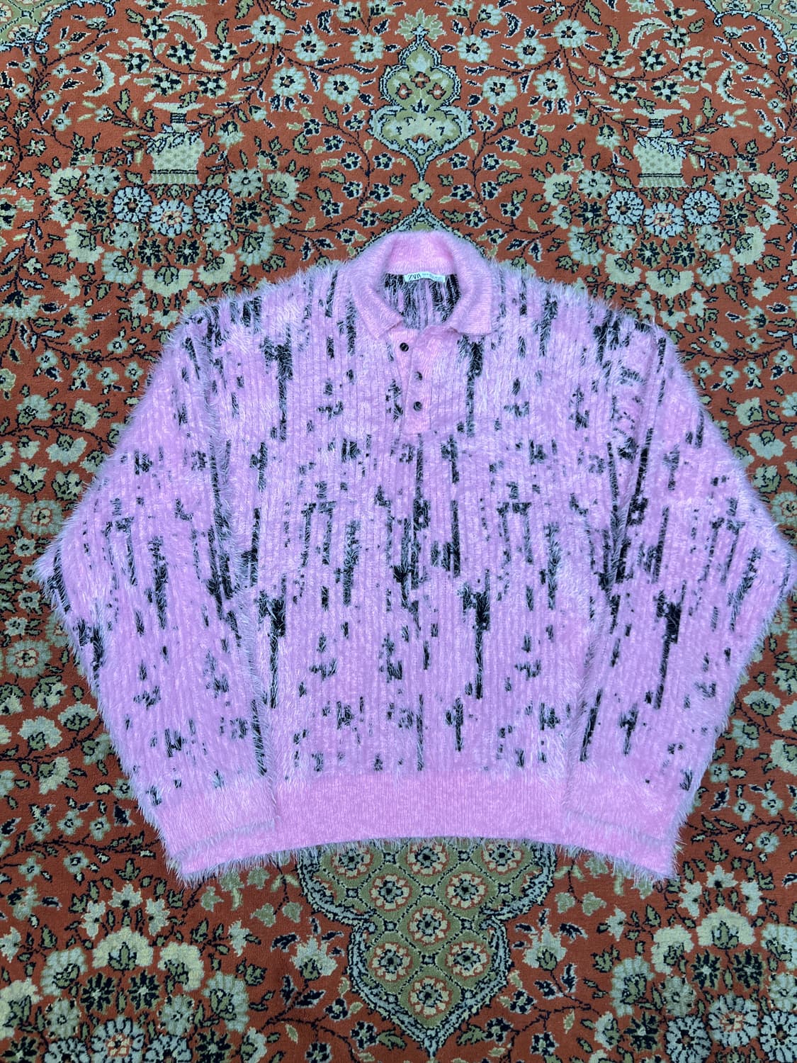 [XL] ZARA 핑크 패턴 카라 니트 상품이미지1