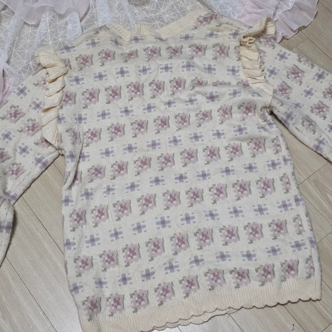 Swankiss 일본빈티지)양산형st 로맨틱 프릴 진주 플라워 니트가디건 상품이미지7