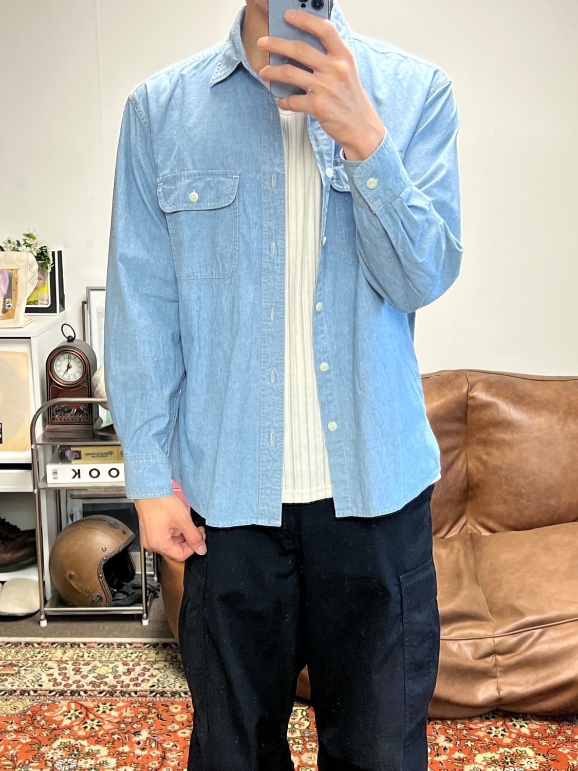 [L] BACK NUMBER 백넘버 샴브레이 셔츠 블루 상품이미지3