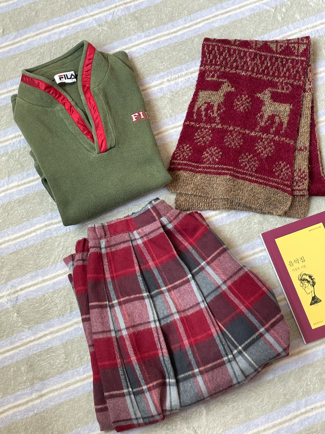 빈티지 코디 세트 (티셔츠 + 체크 스커트 + 니트 머플러) 상품이미지2