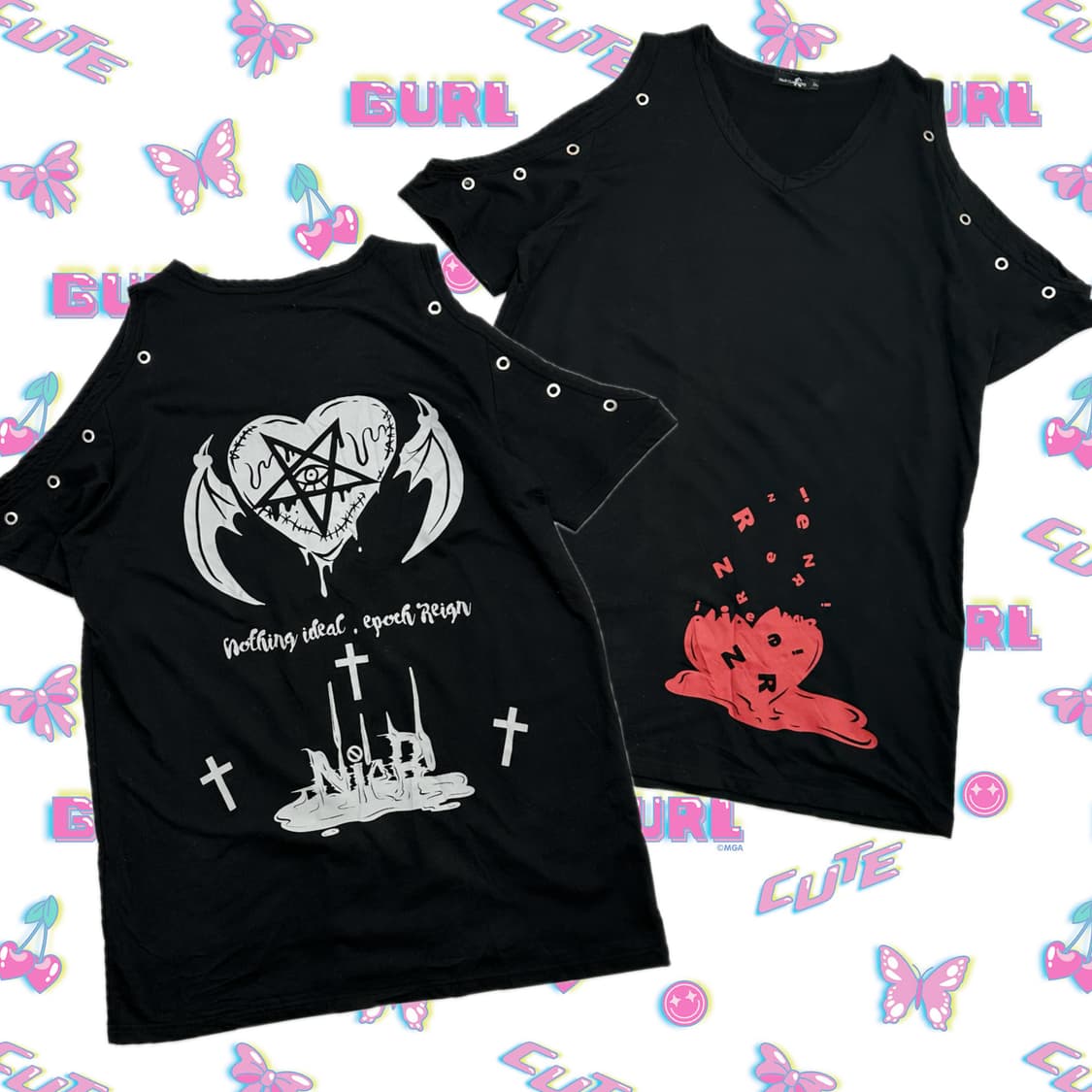 ⛓️지뢰계 펀칭 펑크 롱 반팔 티셔츠 ⛓️쇠맛 원피스 고스 펑크 락  상품이미지1