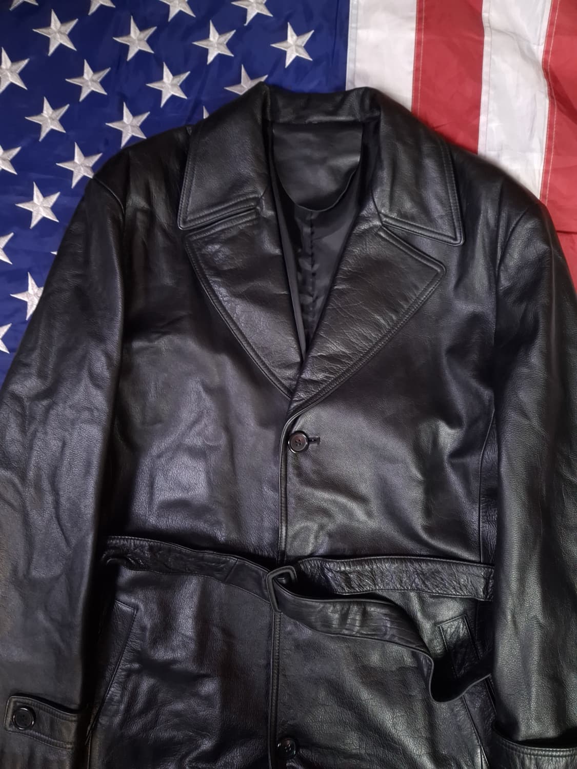 90's 새제품 국내산 리얼레더 싱글 바바리 트렌치코트 상품이미지3