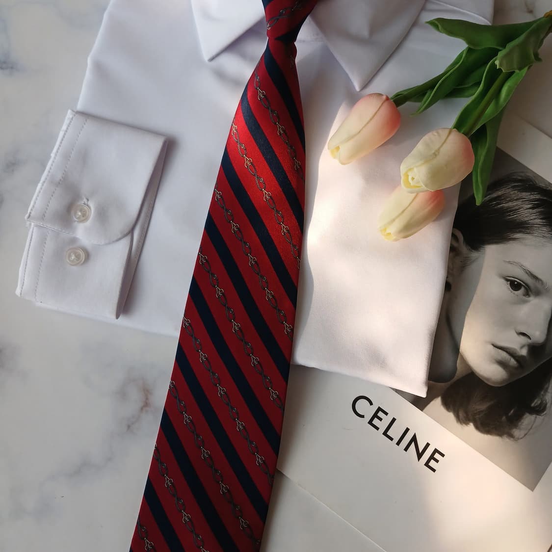 셀린느 실크 레드 스트라이프 체인 넥타이 8.5cm A등급 A19408
 상품이미지7