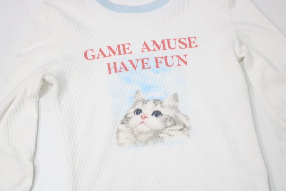 빈티지 캣 프린팅 배색 와플 긴팔 티셔츠 (M) 상품이미지3