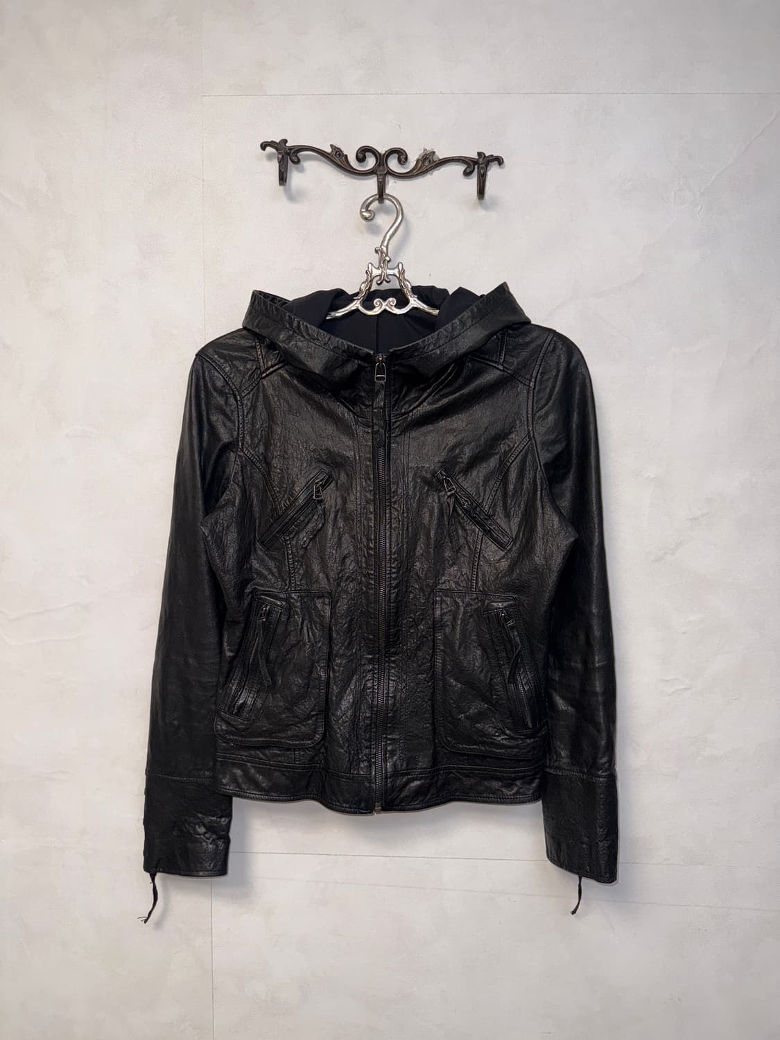 Black lamb skin hood zipup jacket 상품이미지4