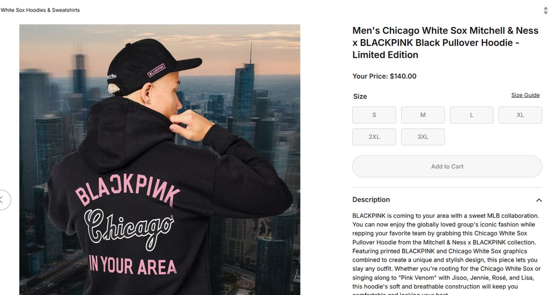 새상품 블랙핑크 MLB 시카고 화이트삭스 후드티 한정판 XXL 상품이미지7