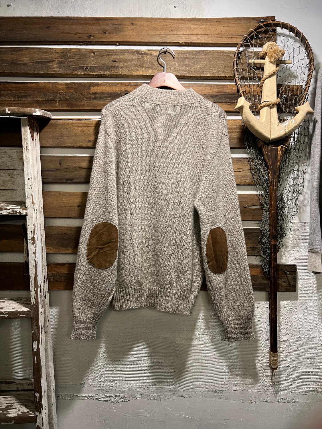 [M]90's Made in USA 헨리넥 엘보패치 멜란지 울 니트 상품이미지7