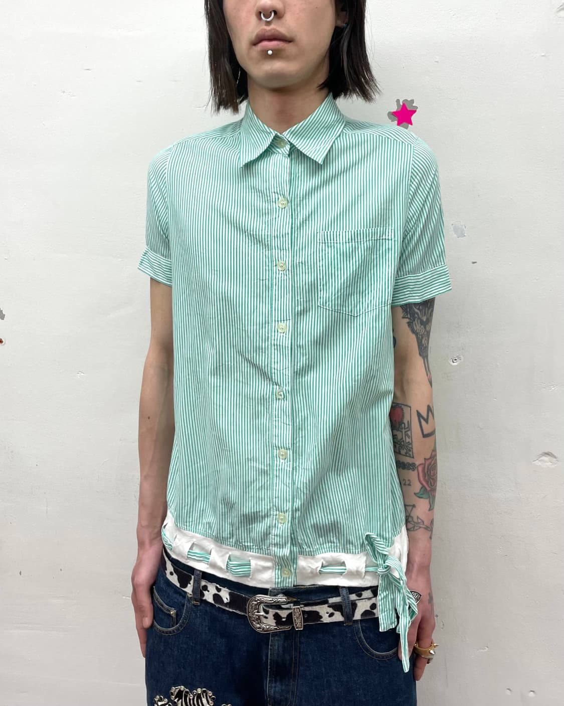 Green Stripe String Short Sleeve T-Shirt 상품이미지3