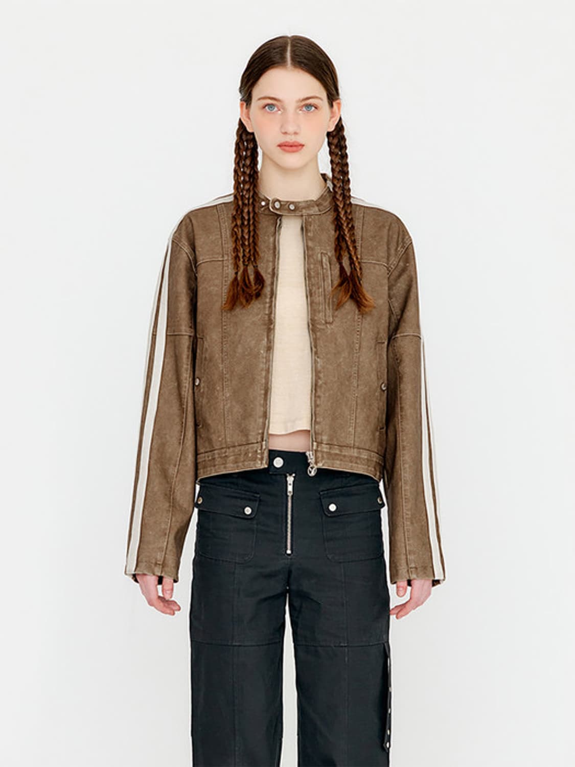 유즈 YUSE 브라운 크롭 레더 자켓 상품이미지1