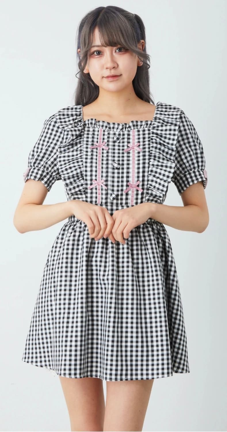 앙크루즈 깅엄 체크 하트 단추 레이스 리본 프릴 원피스 상품이미지3