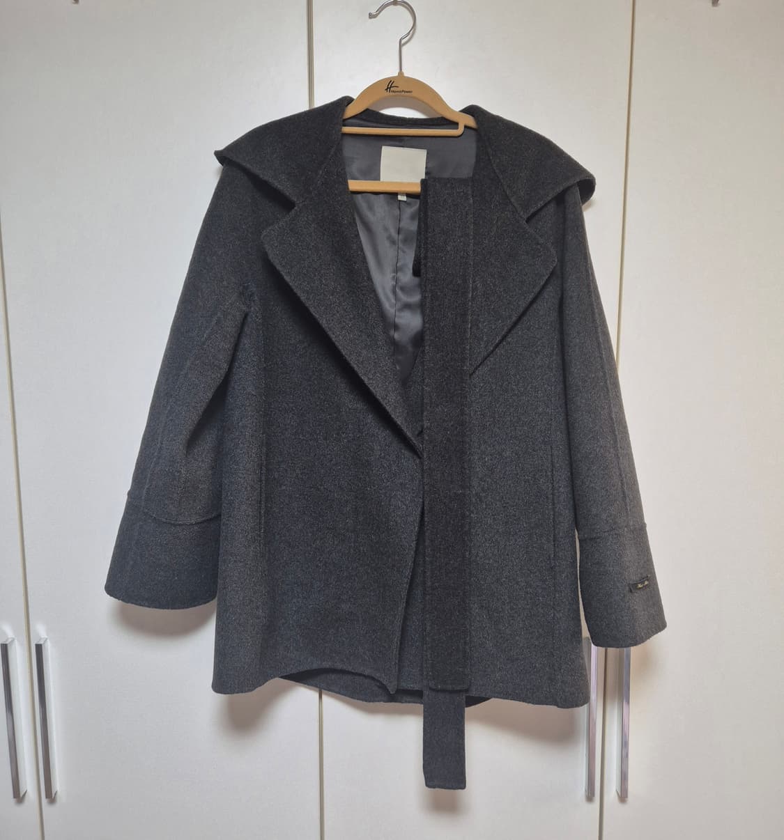 셀렙샵에디션 울 블렌드 핸드메이드 후드 벨티드 코트 차콜 그레이 상품이미지1