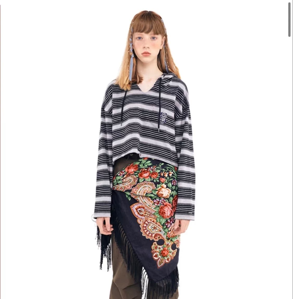 스컬프터 그룬지 스트라이프 크롭 후드티 그레이 상품이미지1