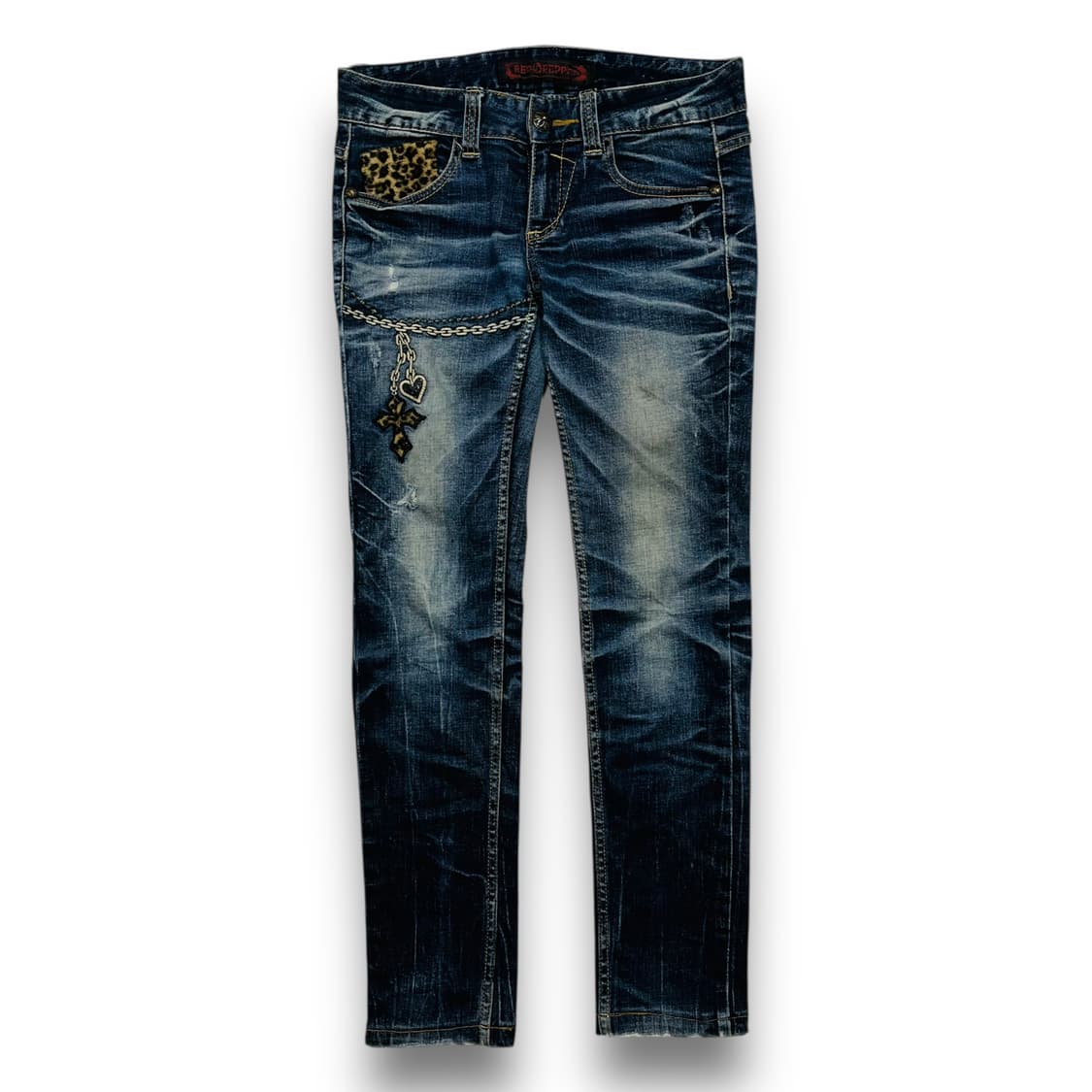 레드 페퍼 크로스 레오파드 스터드 펑크 데님 팬츠 상품이미지5