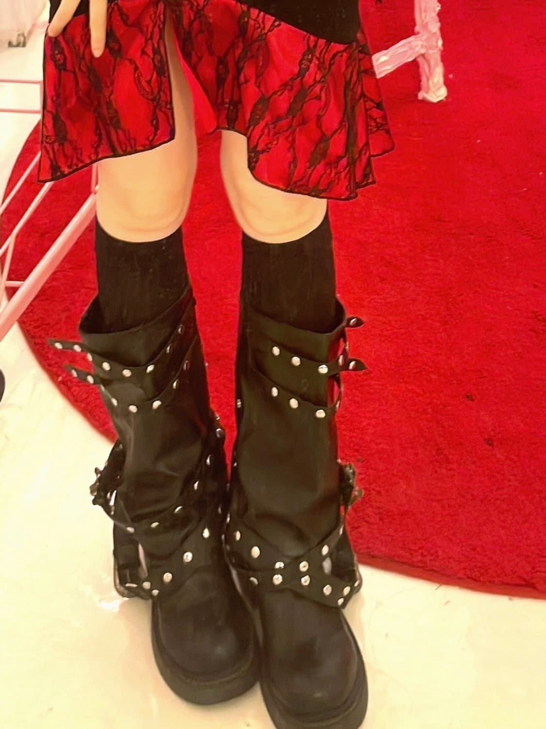 Vkei 00s Boots 레그워머 디테일 벨티드 스터드펑크레더부츠 40 상품이미지3