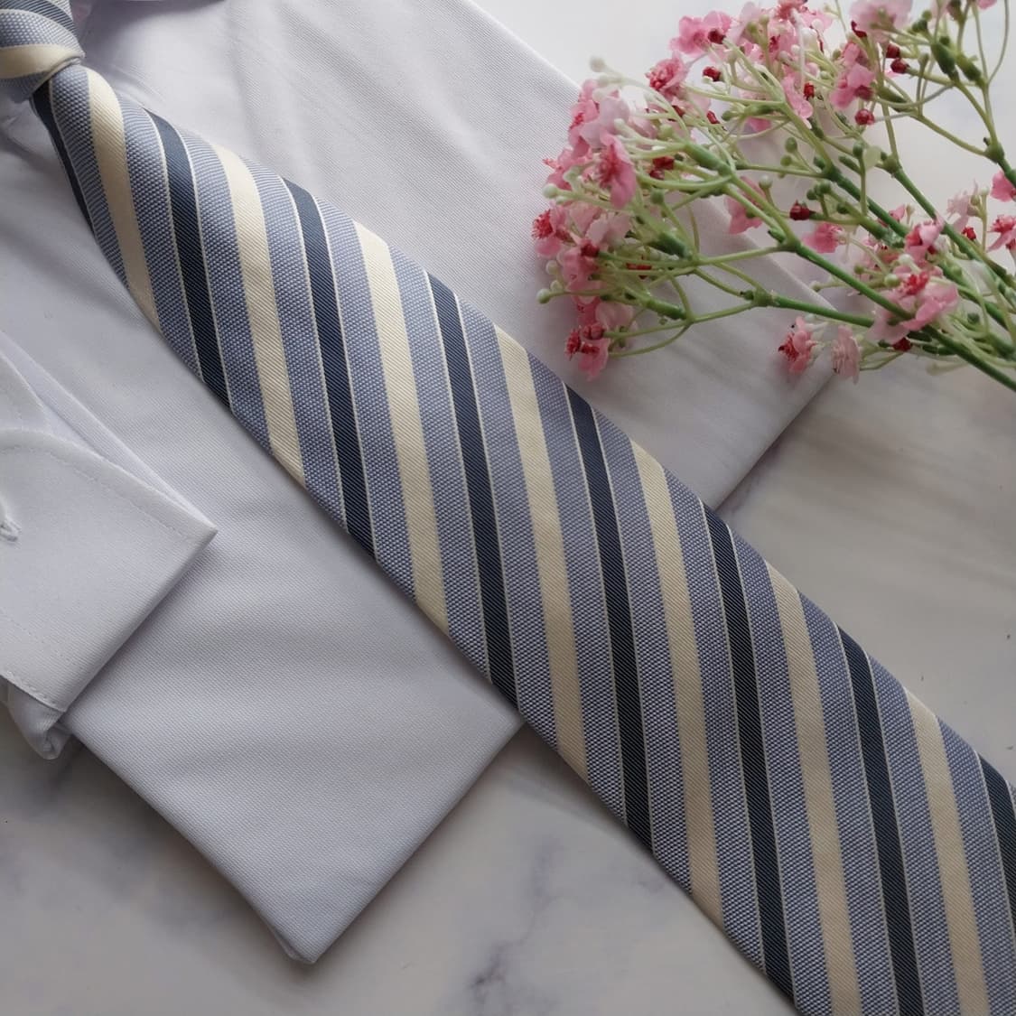 아쿠아스큐텀 실크 블루 스트라이프 넥타이 9.3cm A+등급 K2033 상품이미지5