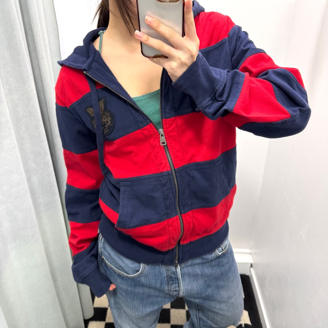 폴로 블루레드 스트라이프 암패치 럭비 후드집업 상품이미지2