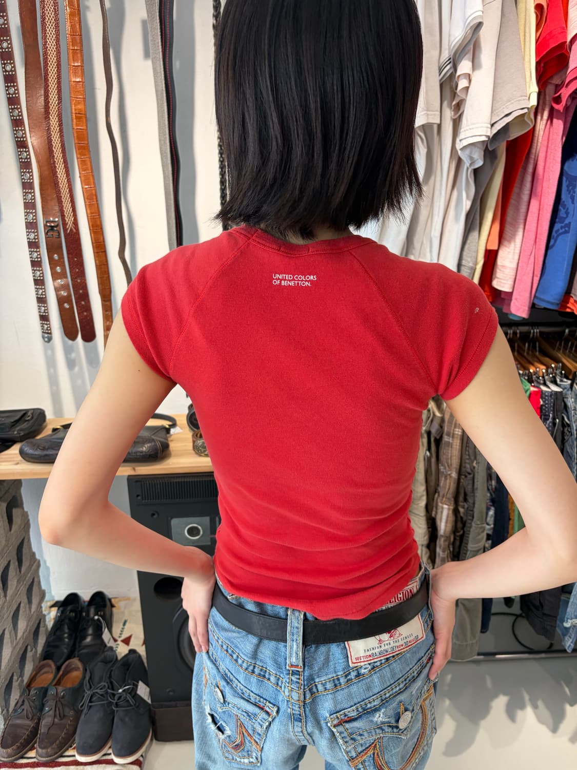 Benetton 레드 캡소매 반팔 티셔츠 S 상품이미지5
