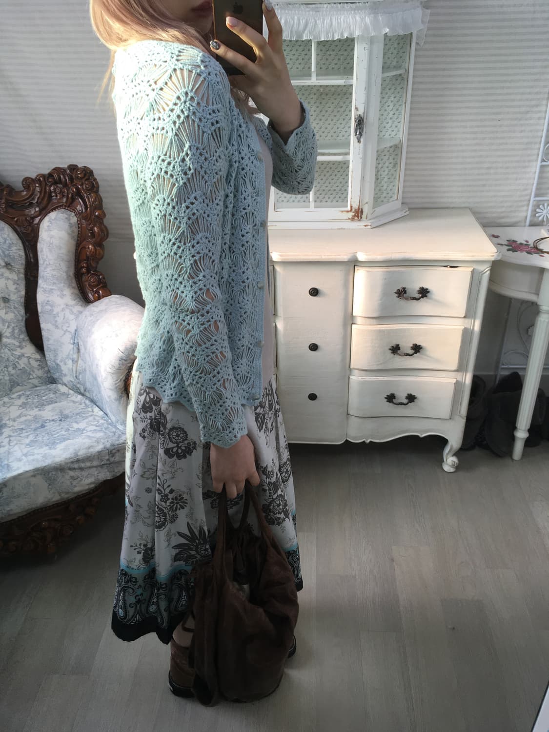 Set)페일블루 크로셰 뜨개 가디건 + 모리 홀터 나시 상품이미지2