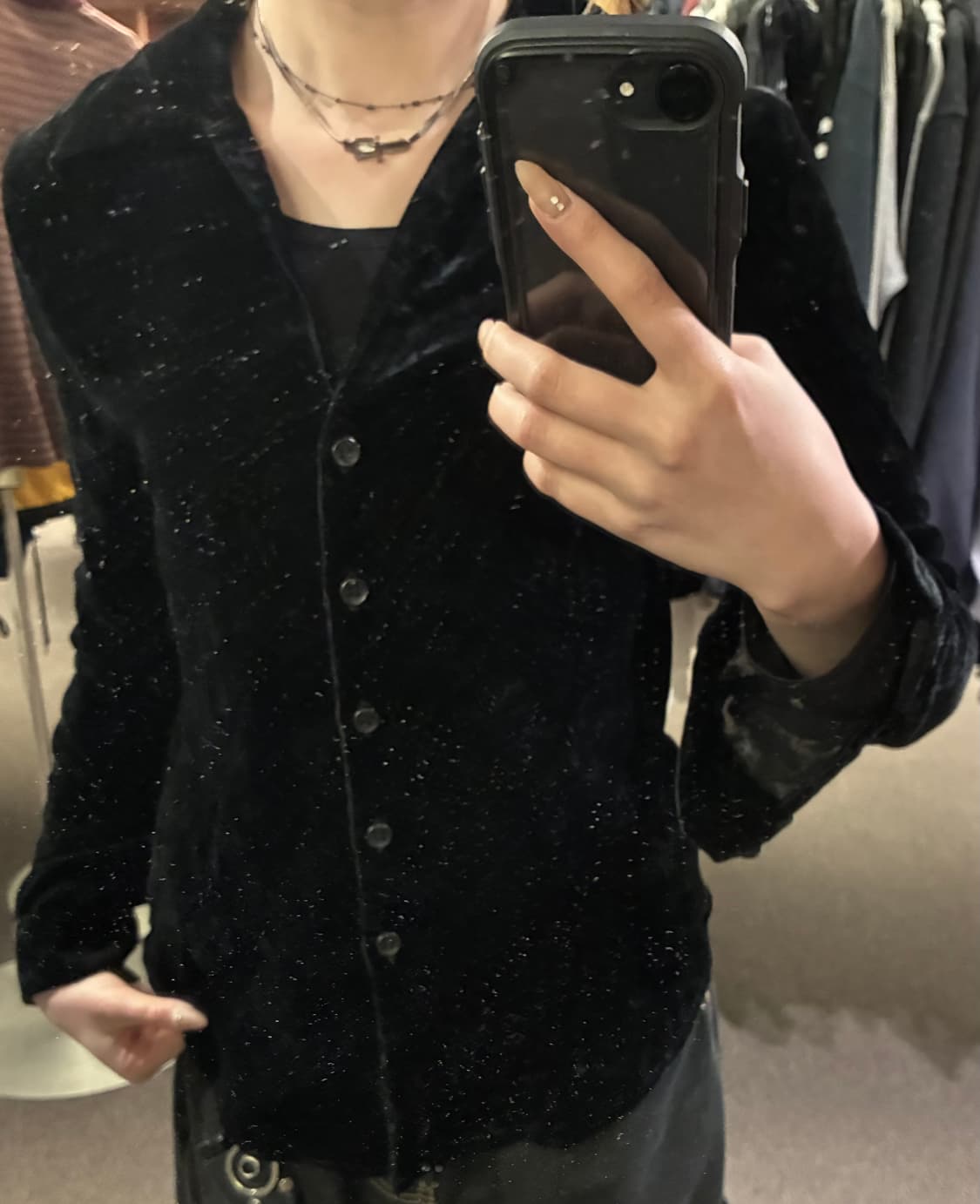 OS)재패니즈 빈티지 여성 블랙 벨벳 셔츠 상품이미지3