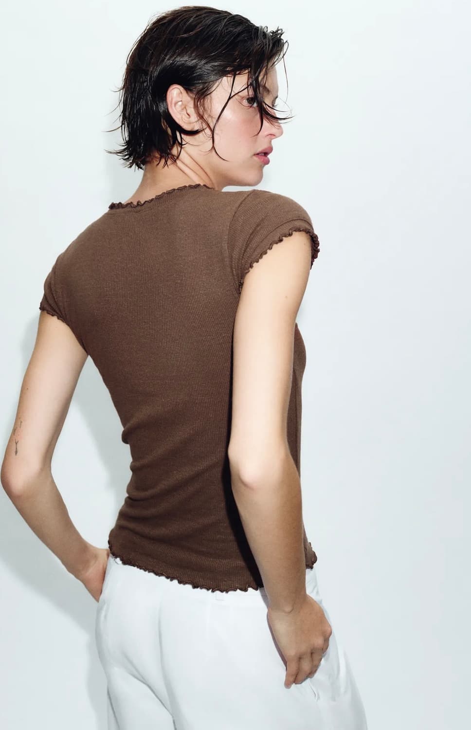 ZARA 자라 리넨 반소매 티셔츠 브라운 상품이미지2