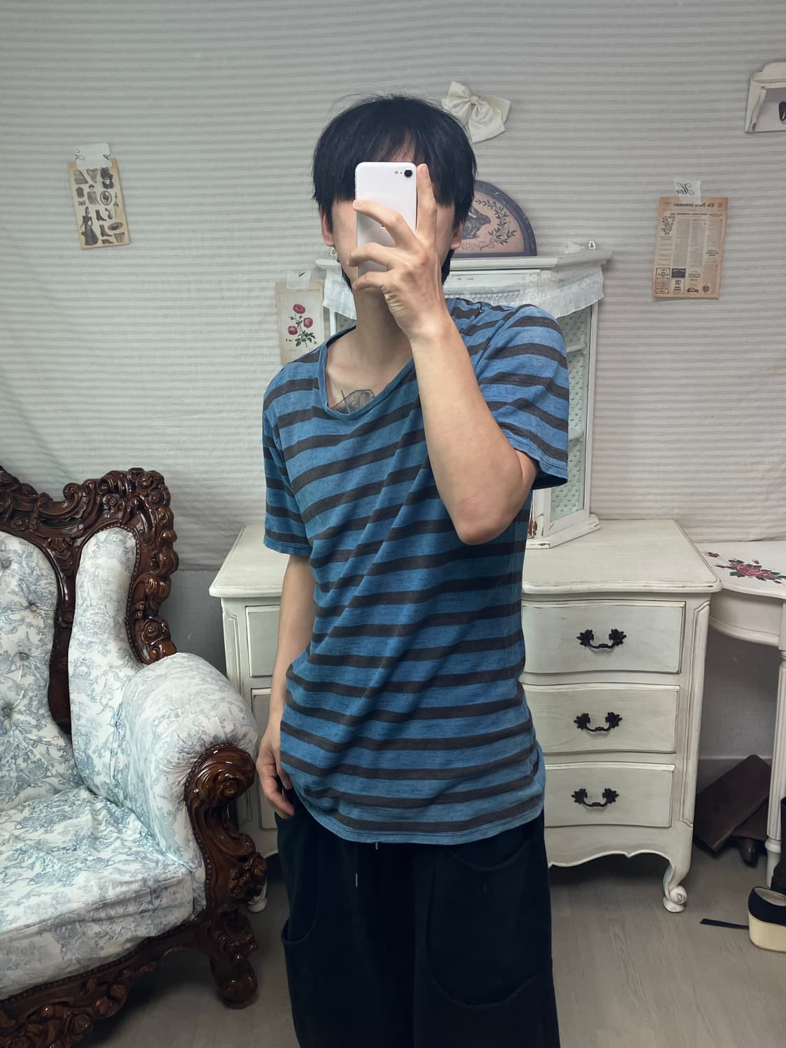 빈티지 데님 스트라이프 반팔 1180 모리걸 y2k 스트릿 갸루 펑키 일 상품이미지1