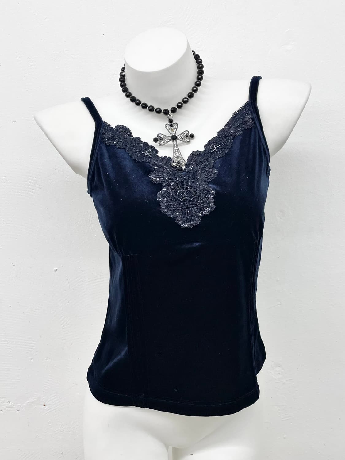 네이비 벨벳 레이스 슬립 상품이미지1