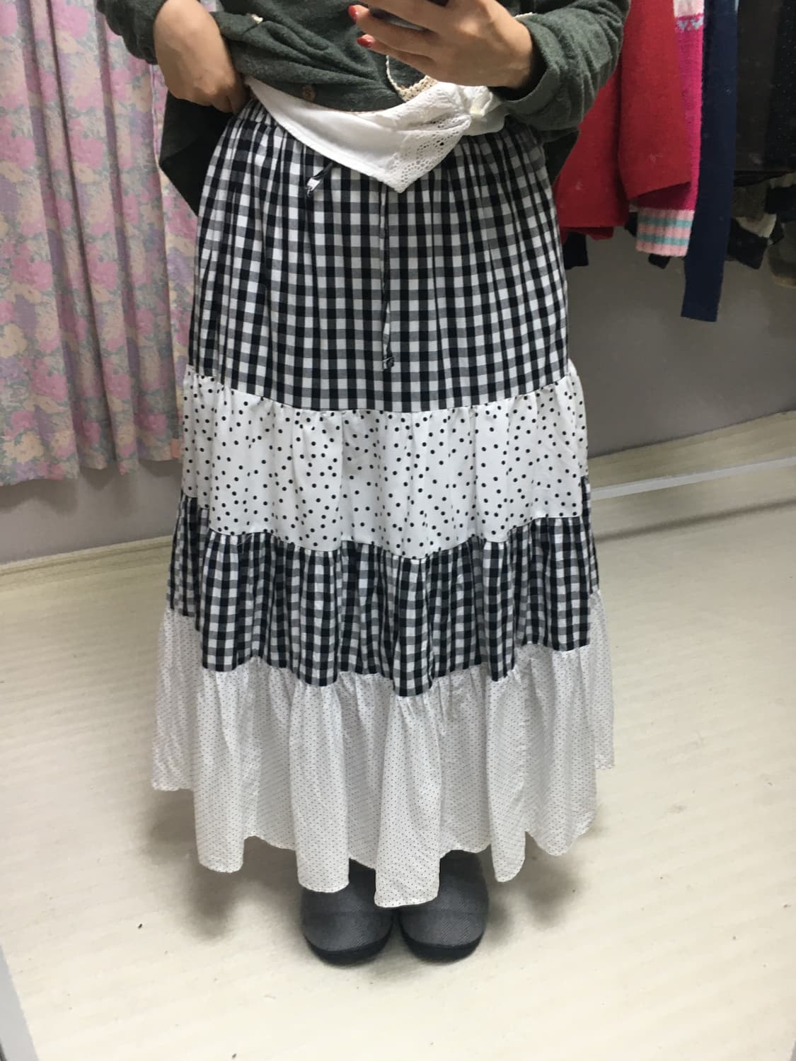 블랙 체크 도트 롱 스커트 상품이미지5