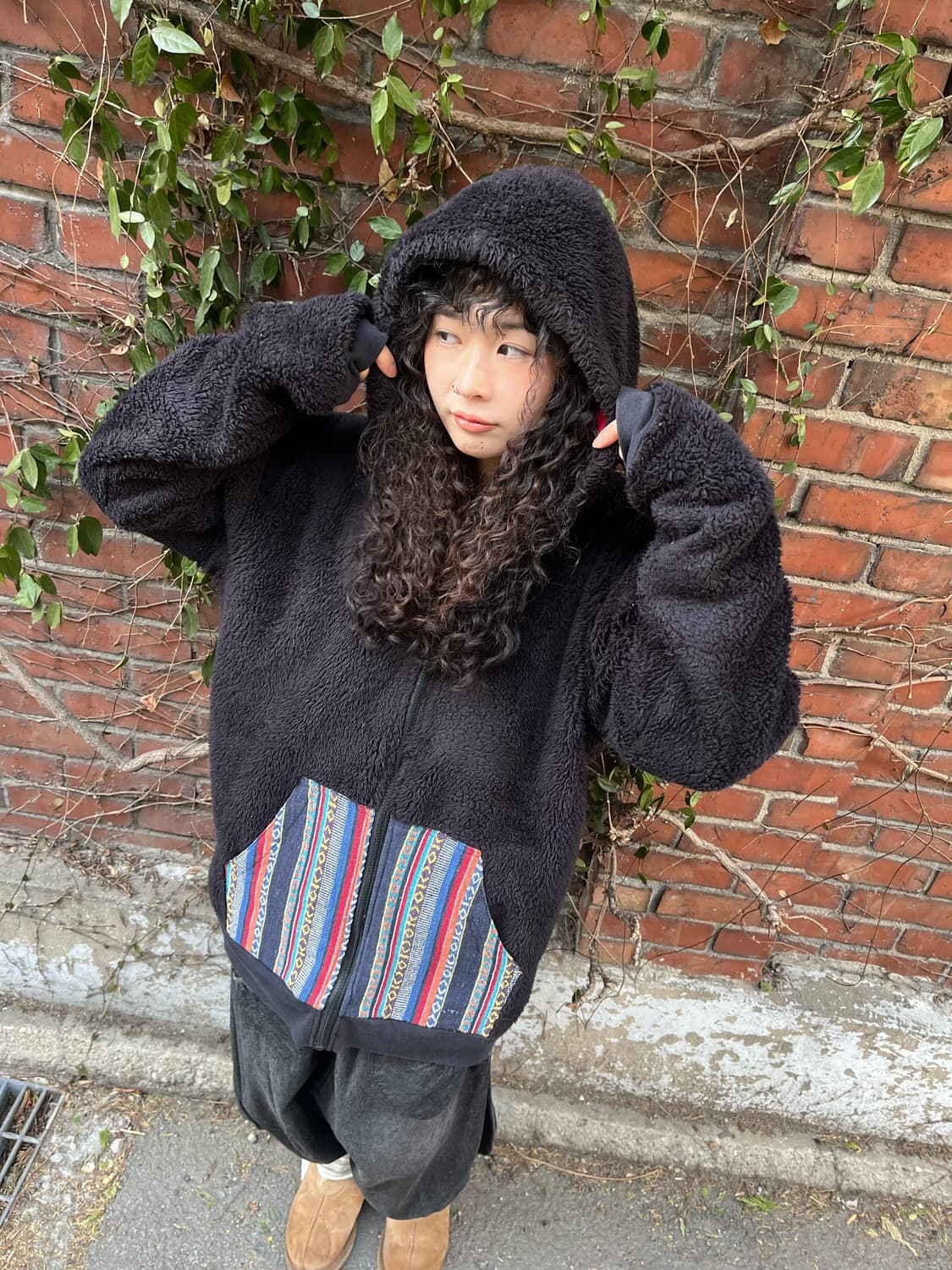 블랙 히피 패턴 주머니 포인트 후드 플리스 집업 상품이미지2